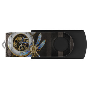 Steampunk Clock with Mechanical Dragonfly Flash Drive