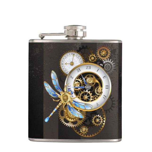 Steampunk Clock with Mechanical Dragonfly Flask (Front)