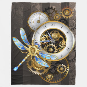 Steampunk Clock with Mechanical Dragonfly Fleece Blanket
