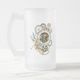 Steampunk Clock with Mechanical Dragonfly Frosted Glass Beer Mug