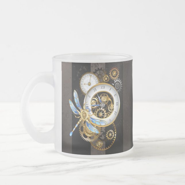 Steampunk Clock with Mechanical Dragonfly Frosted Glass Coffee Mug (Left)