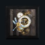 Steampunk Clock with Mechanical Dragonfly Gift Box<br><div class="desc">Antique dials with gold and brass gears,  decorated with mechanical dragonfly on brown,  striped background. Steampunk.</div>