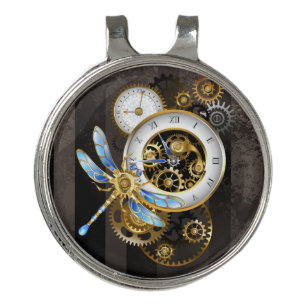 Steampunk Clock with Mechanical Dragonfly Golf Hat Clip