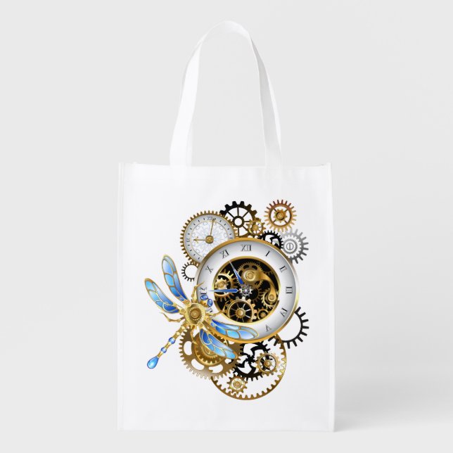 Steampunk Clock with Mechanical Dragonfly Grocery Bag (Front)