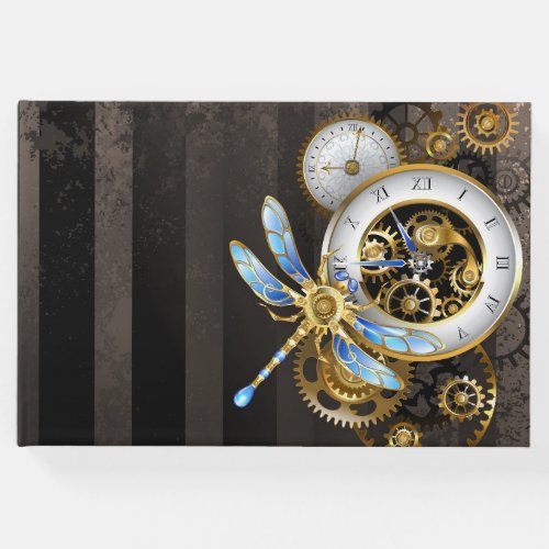 Steampunk Clock with Mechanical Dragonfly Guest Book