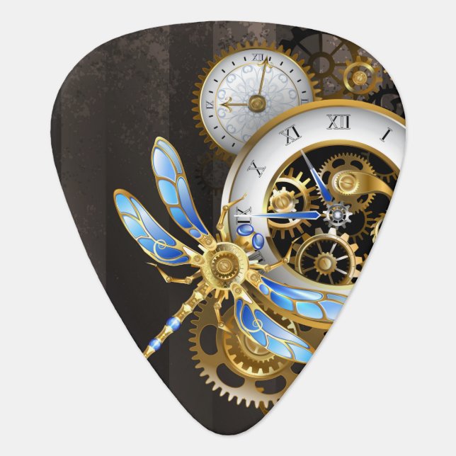 Steampunk Clock with Mechanical Dragonfly Guitar Pick (Front)
