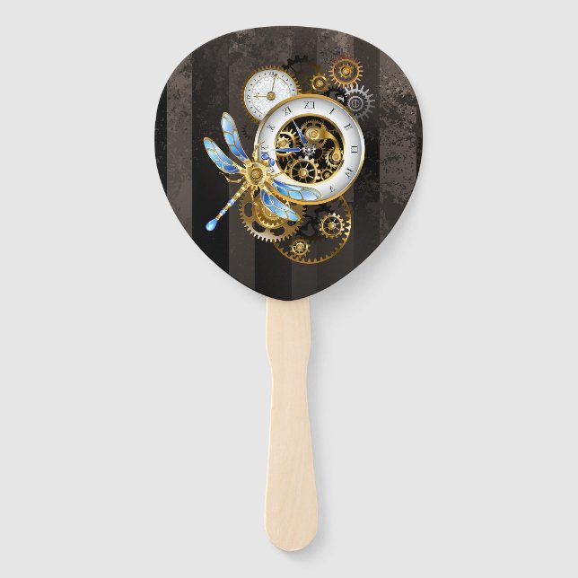 Steampunk Clock with Mechanical Dragonfly Hand Fan (Front)