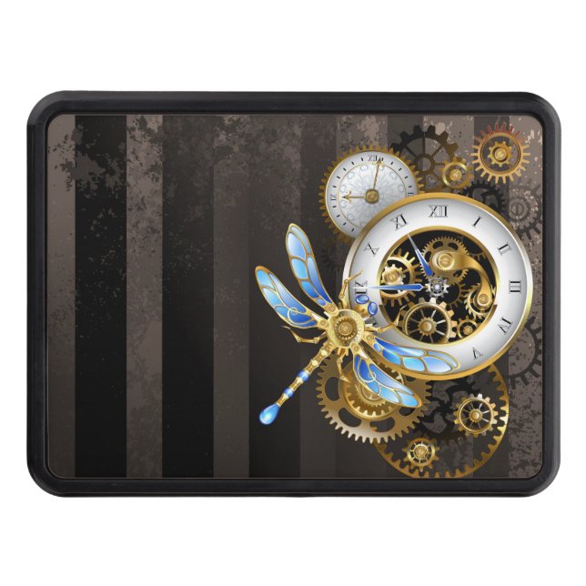 Steampunk Clock with Mechanical Dragonfly Hitch Cover (Front)