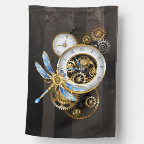 Steampunk Clock with Mechanical Dragonfly House Flag