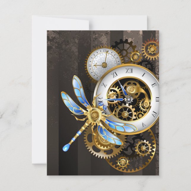 Steampunk Clock with Mechanical Dragonfly Invitation (Front)