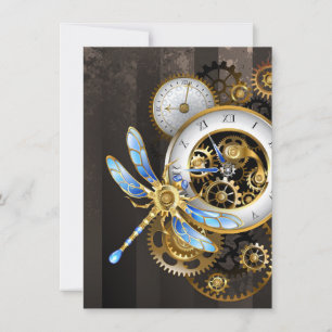 Steampunk Clock with Mechanical Dragonfly Invitation