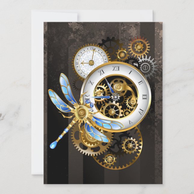 Steampunk Clock with Mechanical Dragonfly Invitation (Front)