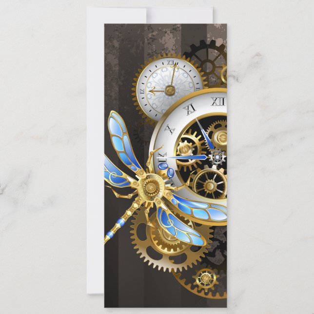 Steampunk Clock with Mechanical Dragonfly Invitation (Front)