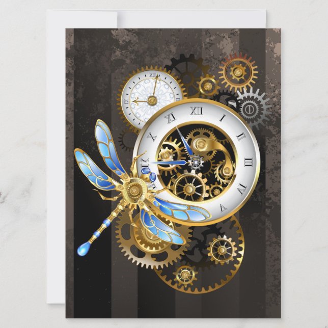 Steampunk Clock with Mechanical Dragonfly Invitation (Front)