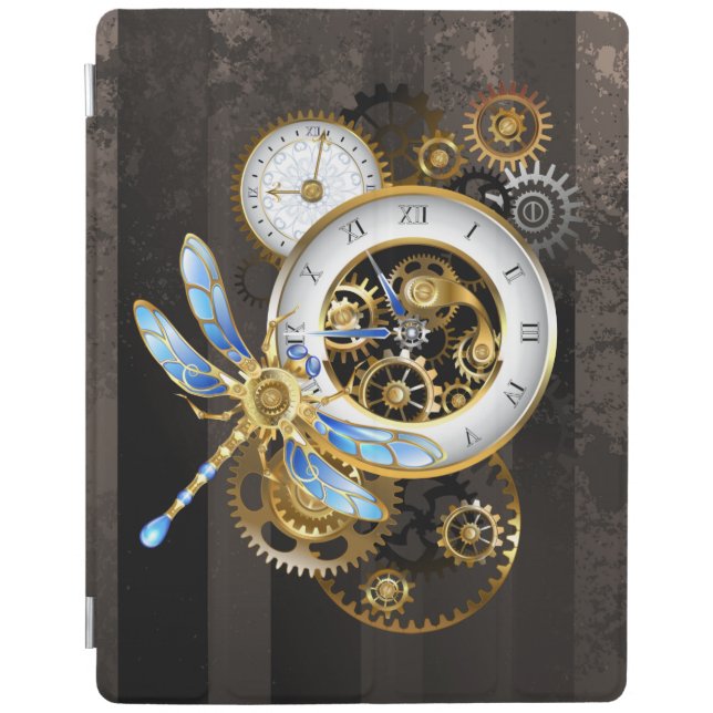 Steampunk Clock with Mechanical Dragonfly iPad Smart Cover (Front)