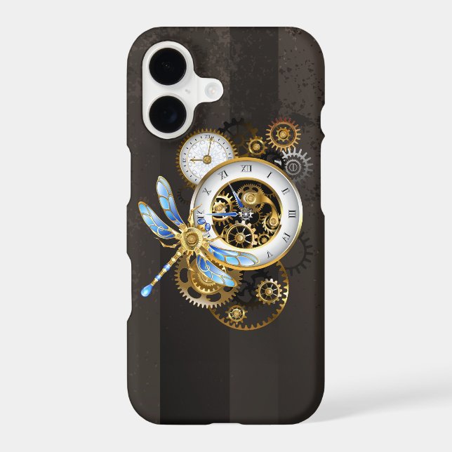 Steampunk Clock with Mechanical Dragonfly iPhone Case (Back)