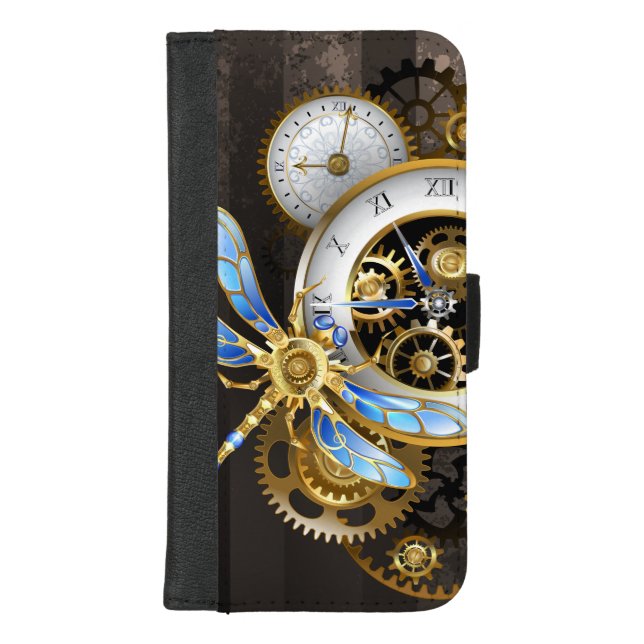 Steampunk Clock with Mechanical Dragonfly iPhone Wallet Case (Front)