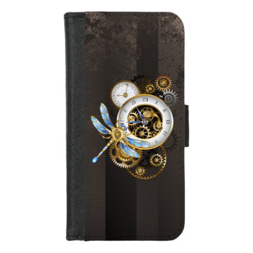 Steampunk Clock with Mechanical Dragonfly iPhone 87 Wallet Case