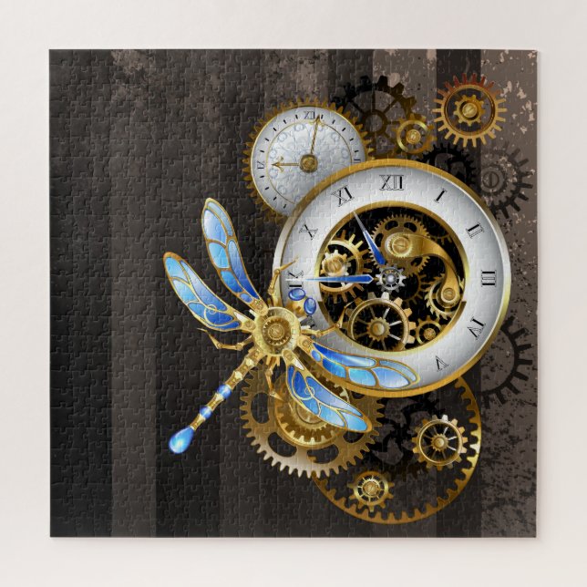 Steampunk Clock with Mechanical Dragonfly Jigsaw Puzzle (Vertical)