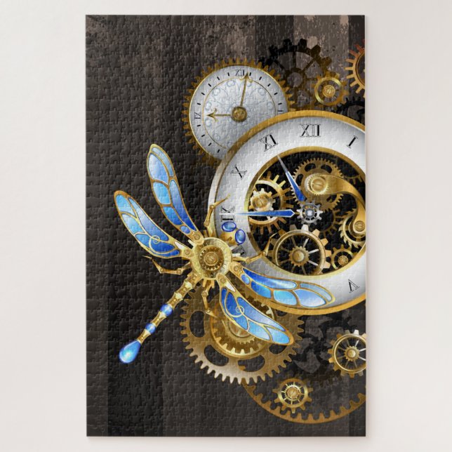 Steampunk Clock with Mechanical Dragonfly Jigsaw Puzzle (Vertical)