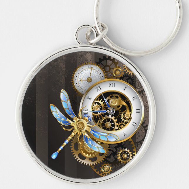 Steampunk Clock with Mechanical Dragonfly Keychain (Front)