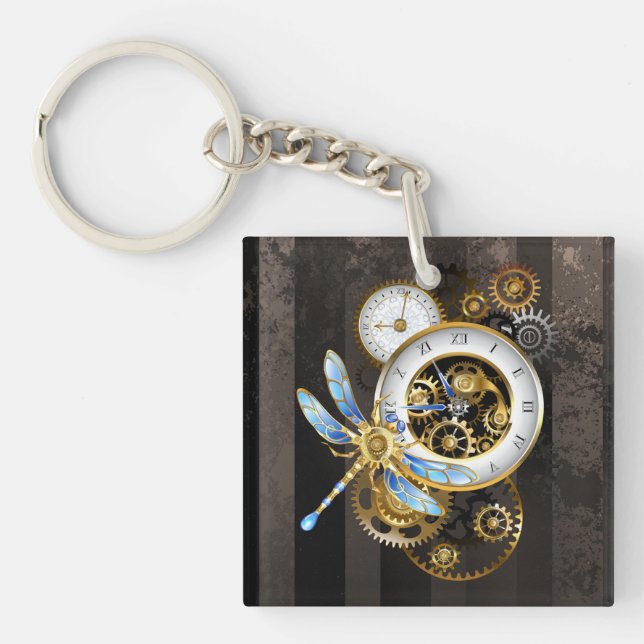 Steampunk Clock with Mechanical Dragonfly Keychain (Front)