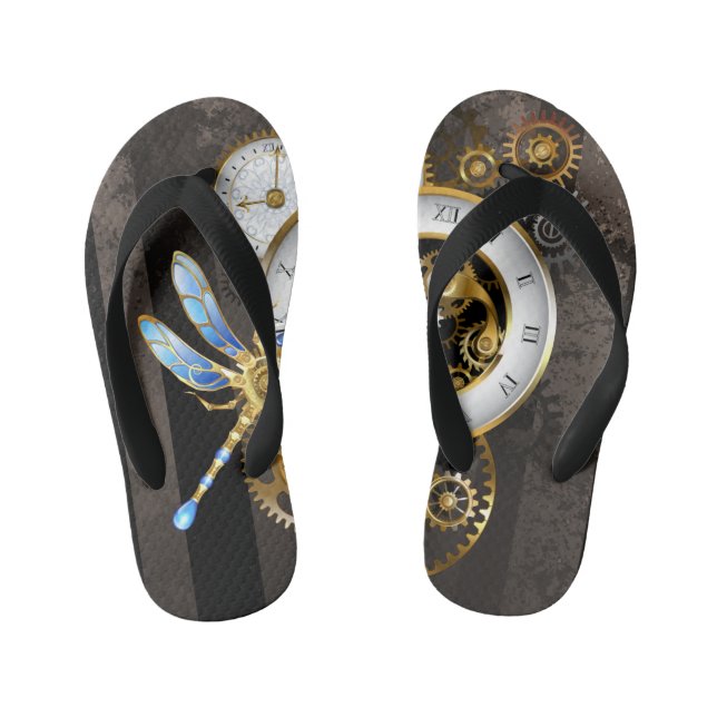 Steampunk Clock with Mechanical Dragonfly Kid's Flip Flops (Footbed)