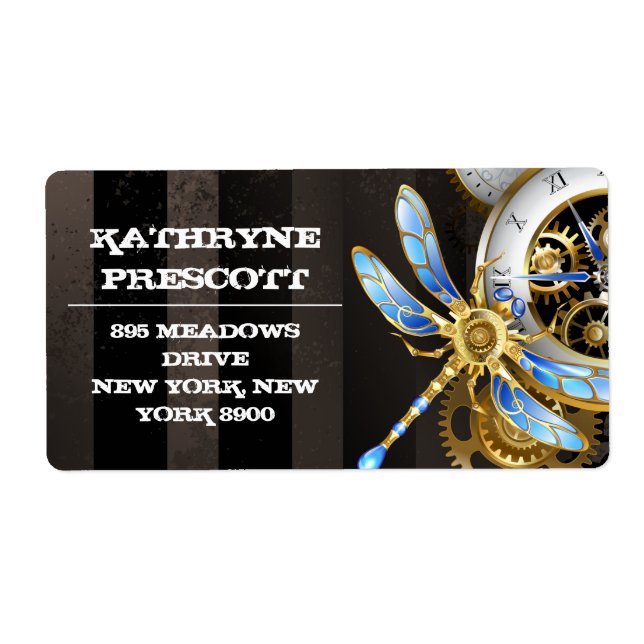 Steampunk Clock with Mechanical Dragonfly Label (Front)