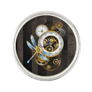 Steampunk Clock with Mechanical Dragonfly Lapel Pin