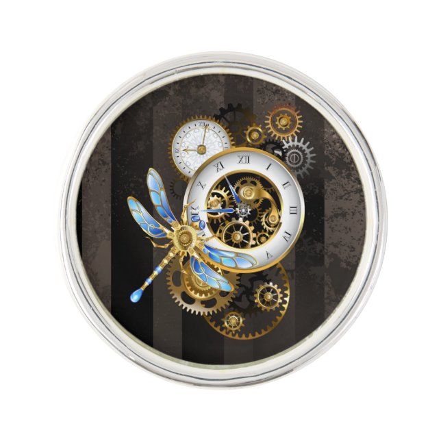 Steampunk Clock with Mechanical Dragonfly Lapel Pin (Front)