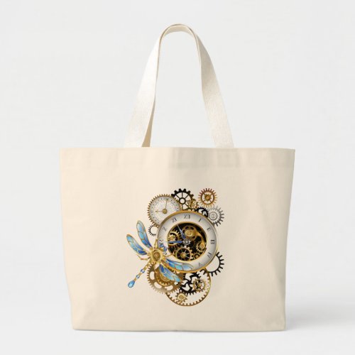 Steampunk Clock with Mechanical Dragonfly Large Tote Bag