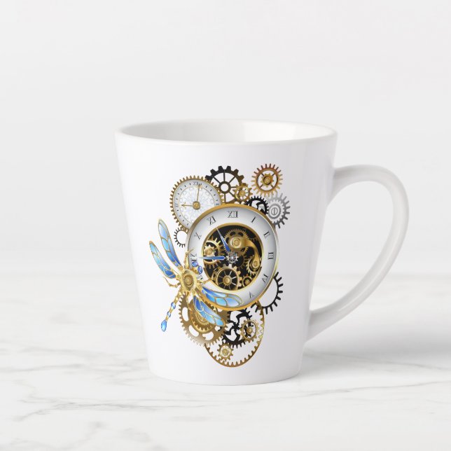 Steampunk Clock with Mechanical Dragonfly Latte Mug (Right)