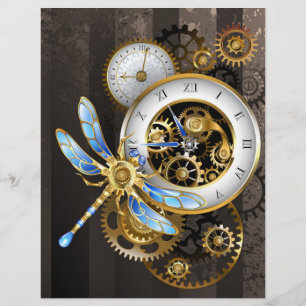 Steampunk Clock with Mechanical Dragonfly Letterhead