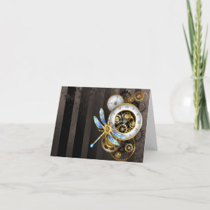Steampunk Clock with Mechanical Dragonfly Letterpress Thank You Card