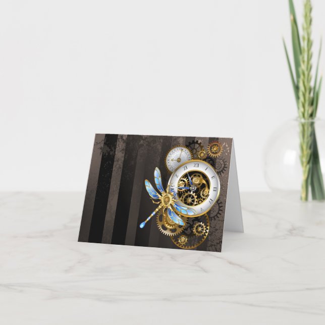 Steampunk Clock with Mechanical Dragonfly Letterpress Thank You Card (Front)