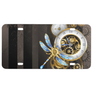 Steampunk Clock with Mechanical Dragonfly License Plate