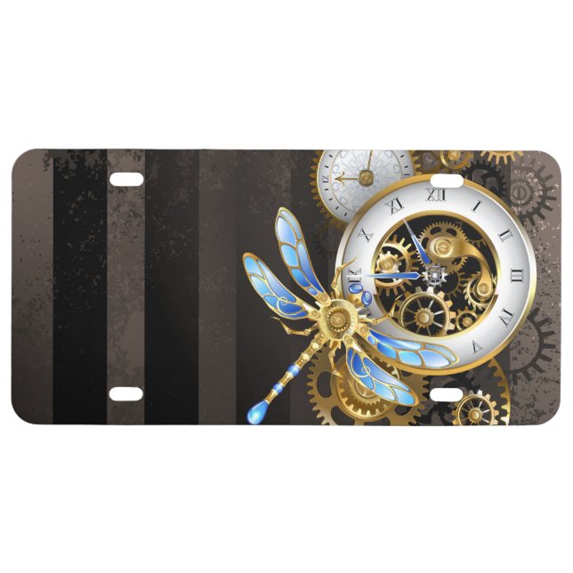 Steampunk Clock with Mechanical Dragonfly License Plate (Front)