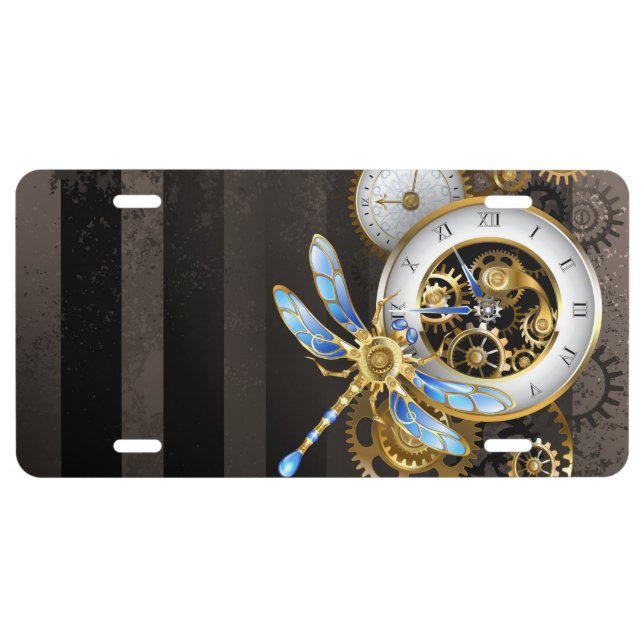 Steampunk Clock with Mechanical Dragonfly License Plate (Front)