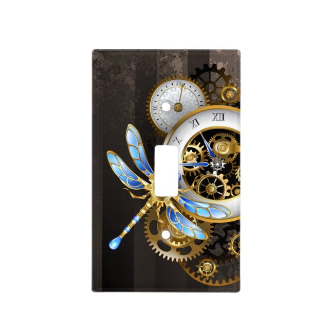 Steampunk Clock with Mechanical Dragonfly Light Switch Cover (Front)