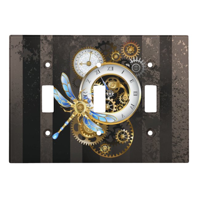 Steampunk Clock with Mechanical Dragonfly Light Switch Cover (Front)