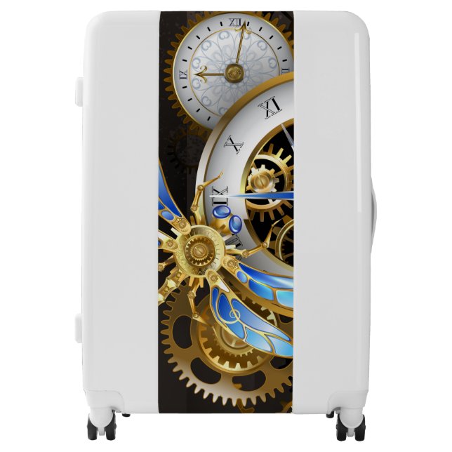 Steampunk Clock with Mechanical Dragonfly Luggage (Front)