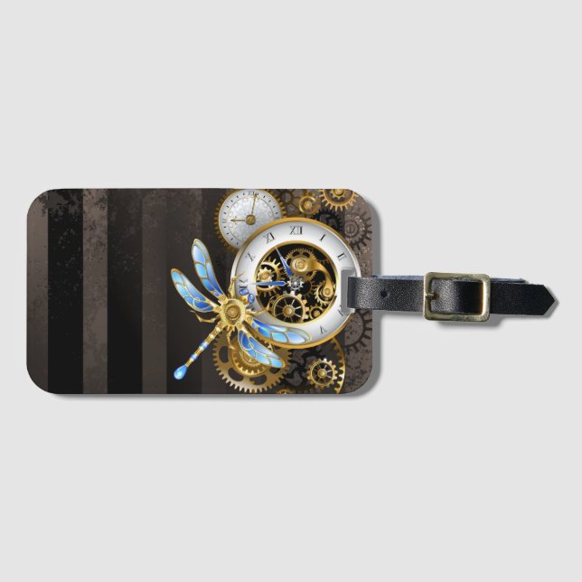 Steampunk Clock with Mechanical Dragonfly Luggage Tag (Front Horizontal)