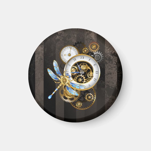 Steampunk Clock with Mechanical Dragonfly Magnet (Front)