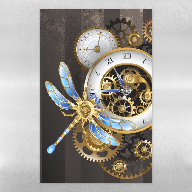 Steampunk Clock with Mechanical Dragonfly Magnetic Dry Erase Sheet (Vertical)