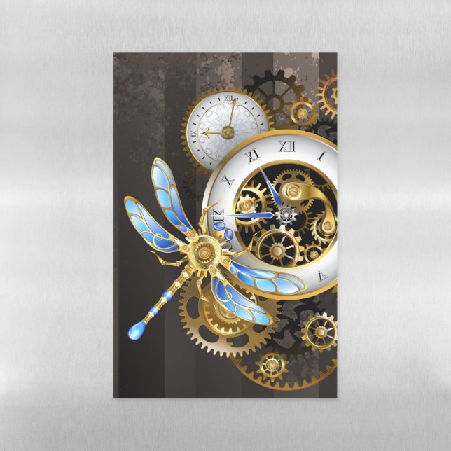 Steampunk Clock with Mechanical Dragonfly Magnetic Dry Erase Sheet (Vertical)