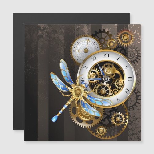 Steampunk Clock with Mechanical Dragonfly Magnetic Invitation