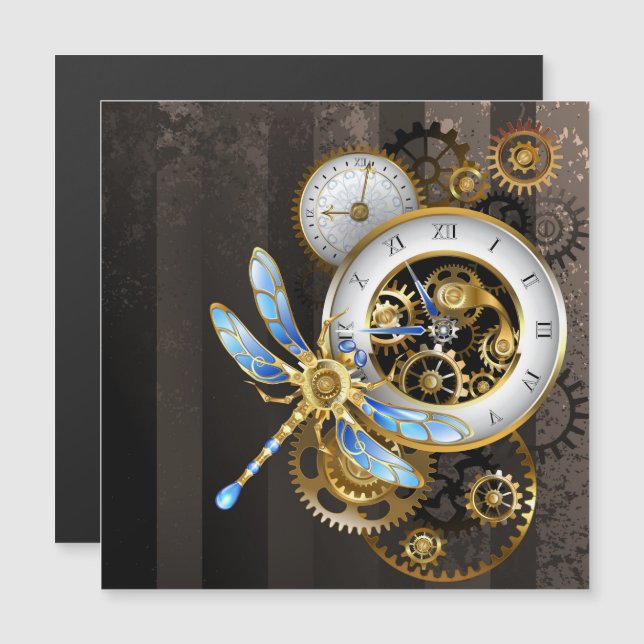Steampunk Clock with Mechanical Dragonfly Magnetic Invitation (Front/Back)