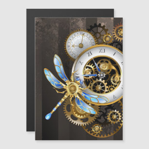 Steampunk Clock with Mechanical Dragonfly Magnetic Invitation
