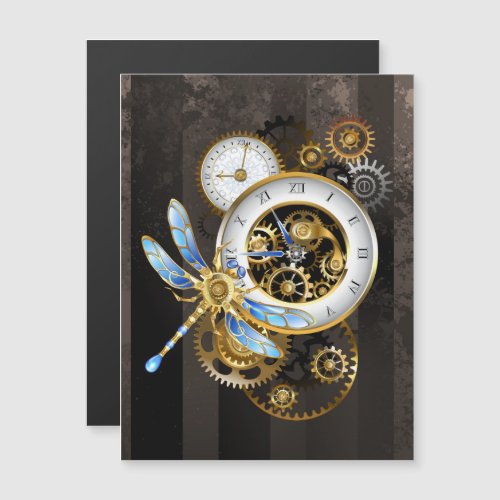 Steampunk Clock with Mechanical Dragonfly Magnetic Invitation