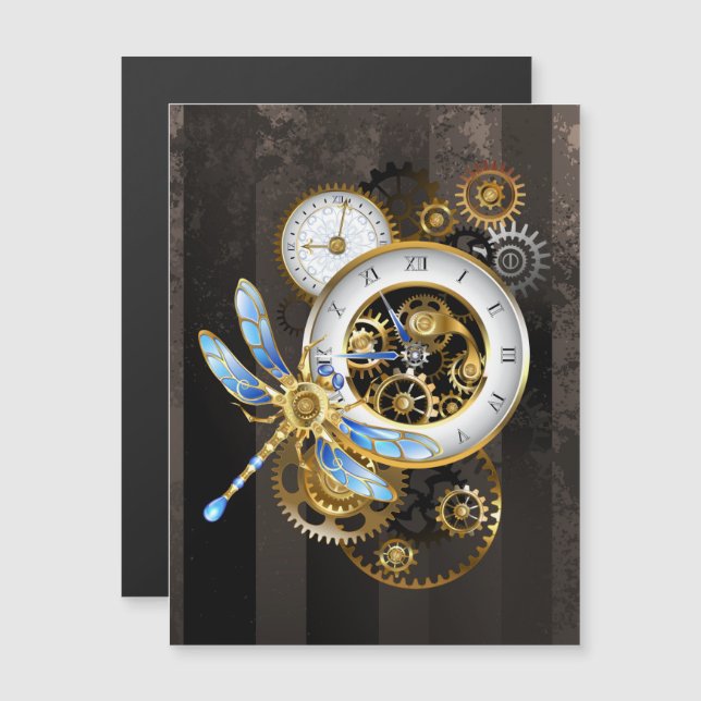 Steampunk Clock with Mechanical Dragonfly Magnetic Invitation (Front/Back)
